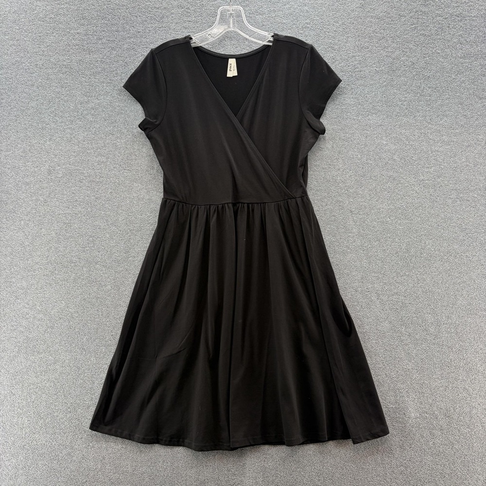 Pact Dress Medium Black Fit Flare Crossover V Neck Short Sleeve Pockets Organic